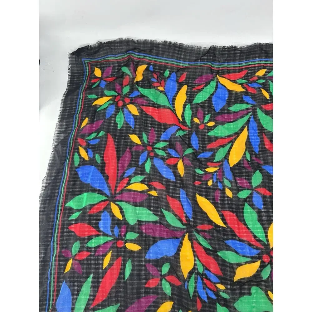 YSL Vintage Scarf Shawl Womens Black Multicolor Floral Fringe Sheer Wool Logo